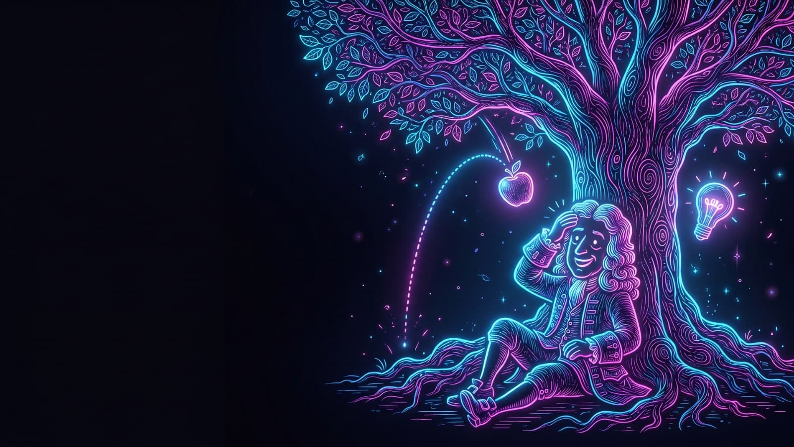Isaac Newton bajo el manzano, en trazo de neón